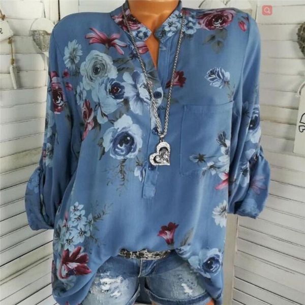 

women's blouses & shirts summer womens plus size shirt 2021 ladies casual long sleeve blouse autumn v neck floral printed 2xl, White