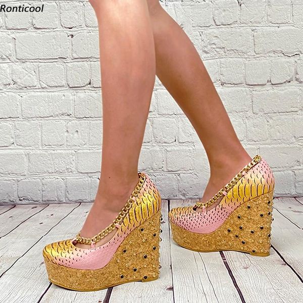 

dress shoes ronticool handmade women spring pumps studs chain wedges heels round toe pink club wear us plus size 5-20, Black