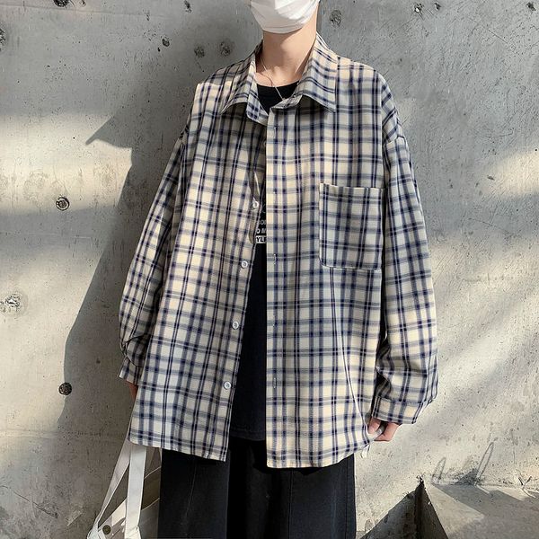 

2021 spring cotton plaid men's fashion hit color retro casual shirt men streetwear long-sleeved shirts mens m-2xl jjo2, White;black