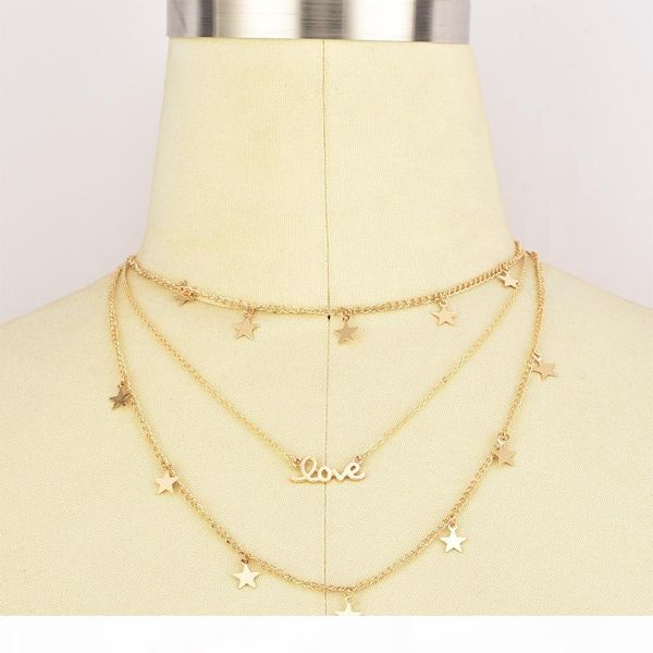 

boho multi layer love letter star hollow pendants for women long chains necklace alloy fashion collares love jewellery, Silver