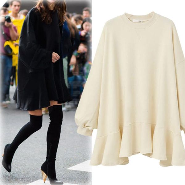 

casual dresses 2021 autumn winter fashion loose british style women's dress in hoodie bottom round collar long sleeve ruffled female, Black;gray