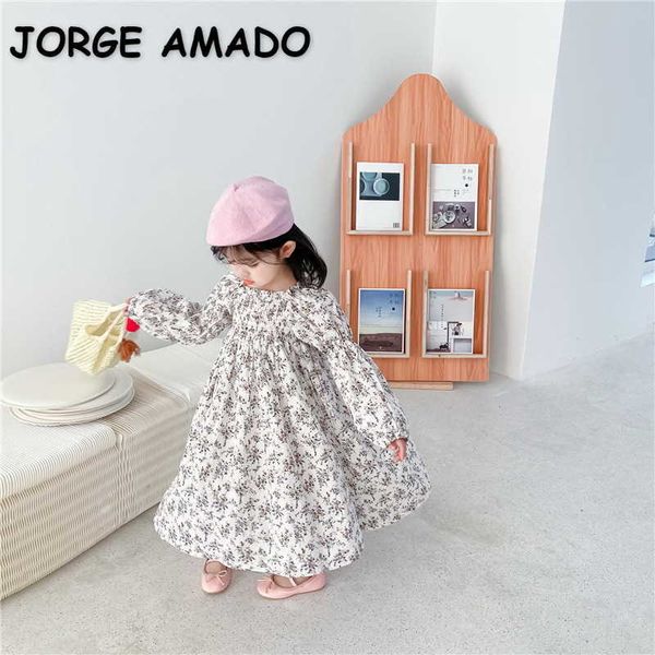 Estilo Coreano Primavera Meninas Vestido Floral Puff Sleeves Busto Elástico Fumar Crianças Cute Roupas E7040 210610