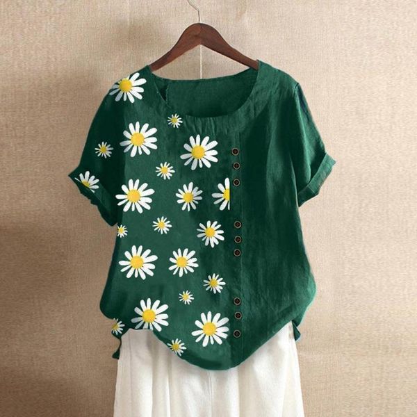 

plus size women daisy floral print patched short sleeve blouse ladies casual o-neck for female 2021 summer streetwear, White