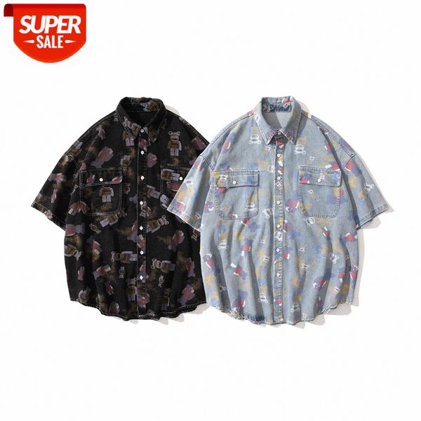 

denim shirt anime bear full print hong kong style loose #i527, White;black