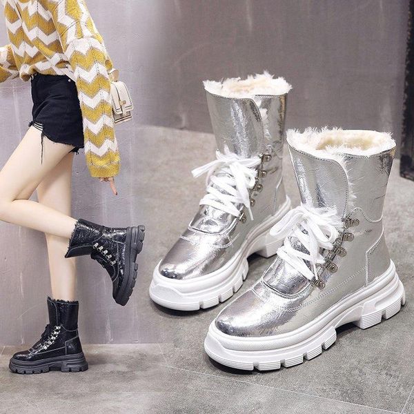 

boots winter fur sneakers women plush snow bandage 2021 female ankle platform warm shoes for, Black