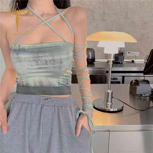 

halter bandage crop high womens tank street camisole sleeveless harajuku y2k tie dye print slim camis femme, White