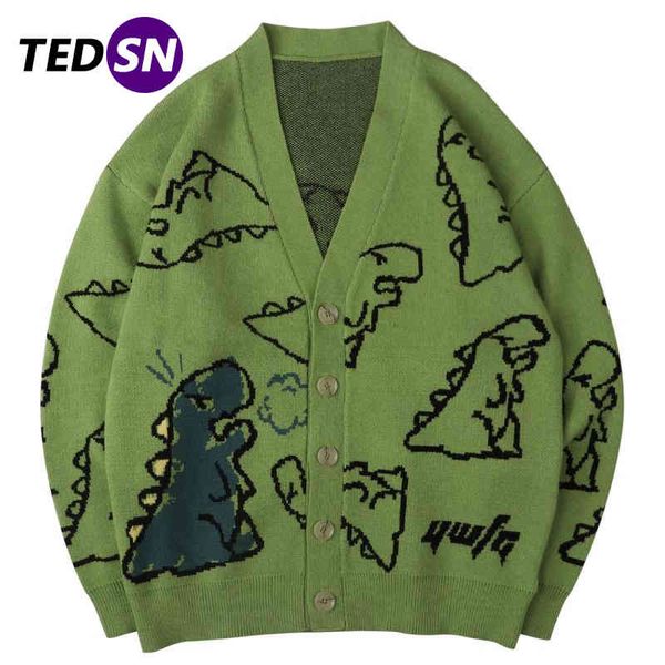 

tedsn oversize cardigan dinosaur men knitted sweater streetwear loose male women coat 2021 doodle hip hop pattern winter, White;black