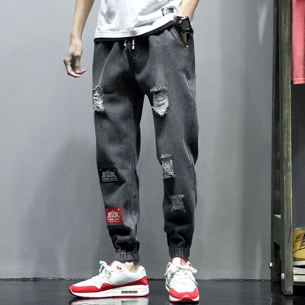 

summer loosed brem-bren male harem fashion torn big-size jeans 8kmi, Blue