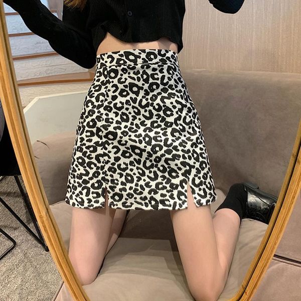 

leopard print skirt female high waist a-line skirt 2021 new spring bag hip is thin and versatile split, Black