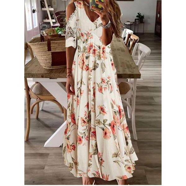 

casual dresses floral tunic v-neckline maxi a-line dress, Black;gray