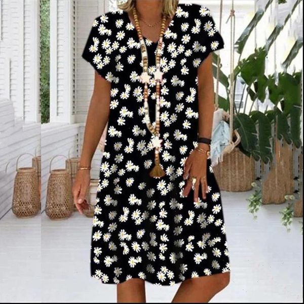 

2021 new women summer dress fashion flower print v neck loose big swing casual beach style large ladies plus size dress, Black;gray