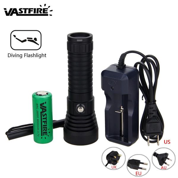 

u2 stepless dimming underwater 100m waterproof diving fill light tactical hunting torch+26650 battery+charger