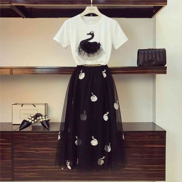 

summer set swan embroidery cotton women tracksuits beading t shirt mesh pleated tulle skirt suit two piece sets female plus, Gray