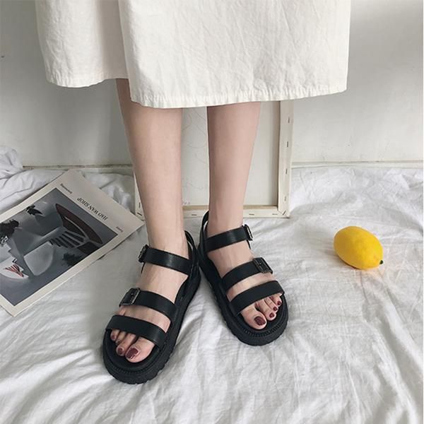 

sandals 2021 summer women casual shoes fashion flat platform buckle strap roman cross-tied open sandal, Black