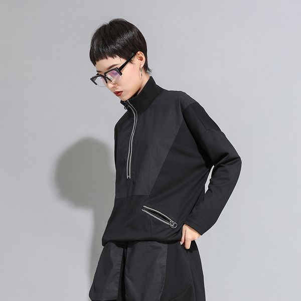 

[eam] loose fit black line split big size sweatshirt new high collar long sleeve women big size fashion spring autumn 1a530 201203