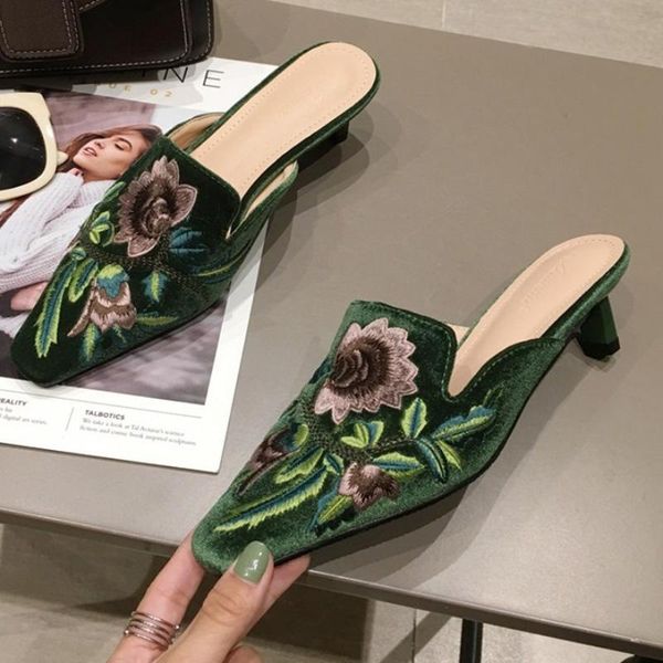 

slippers flower embroider velvet women small square toe strange high heels slides shoes floral mules pantoufles femme, Black