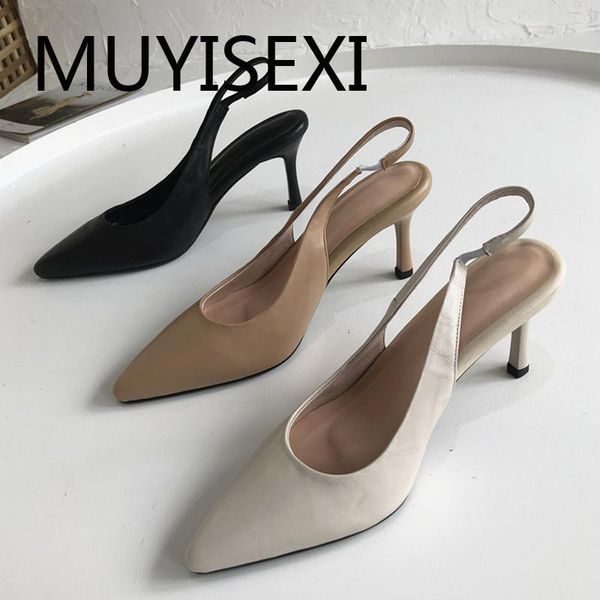 

dress shoes slingbacks women summer sandals full grain leather pointed toe 8cm high thin heels slip on elegant dmj28 muyisexi, Black