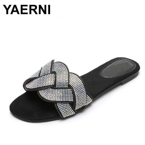 

slippers yaerni fashion leisure ethnic slides women solid crystal slip-on outside low flat with ladies shoes, Black