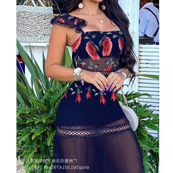 

casual dresses mandylandy beach dress bohe women wummer sleeveless see-through ruffled printed high waist big swing low cut, Black;gray