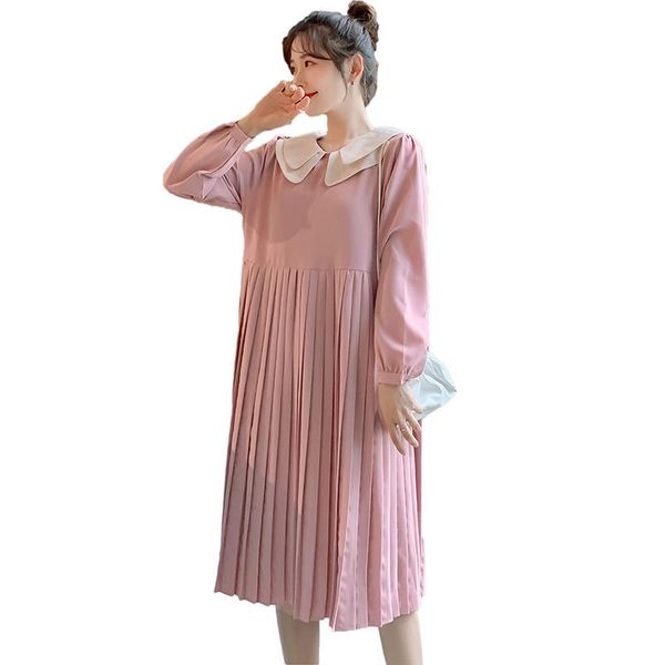 

maternity dresses spring pregnant women sweet dress with belt long sleeve turn-down collar work formal office lady pleated, White