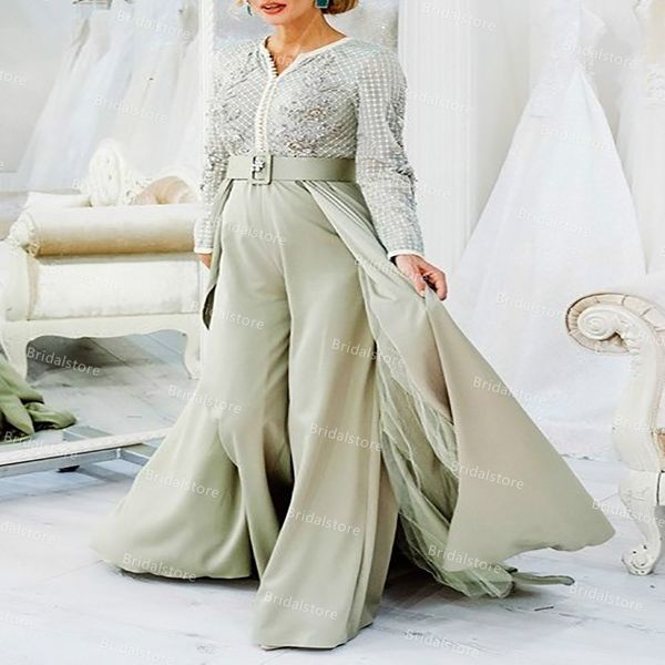 

luxury green muslim dubai evening dress 2021 moroccan long sleeve jumpsuit outfit pant prom gown with overskirt train abiti da cerimonia rob, Black;red