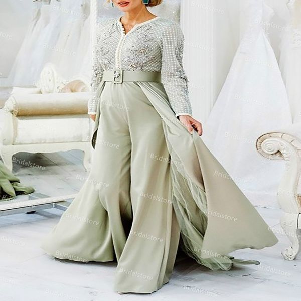 Luxuriöses grünes muslimisches Dubai-Abendkleid 2021, marokkanisches Langarm-Jumpsuit-Outfit, Hose, Abendkleid mit Überrock-Schleppe, Abiti Da Cerimonia Robe De Soir￩e Mari￩e