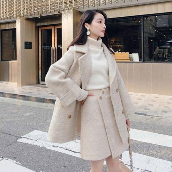 

2021 autumn winter women woolen suit office lady double breasted blazer female elegant two piece set y319, White