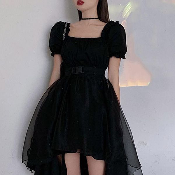 

asymmetric mesh gothic dress women puff sleeve vintage square neck high waist summer fashion vintage retro party 2021, Black;gray