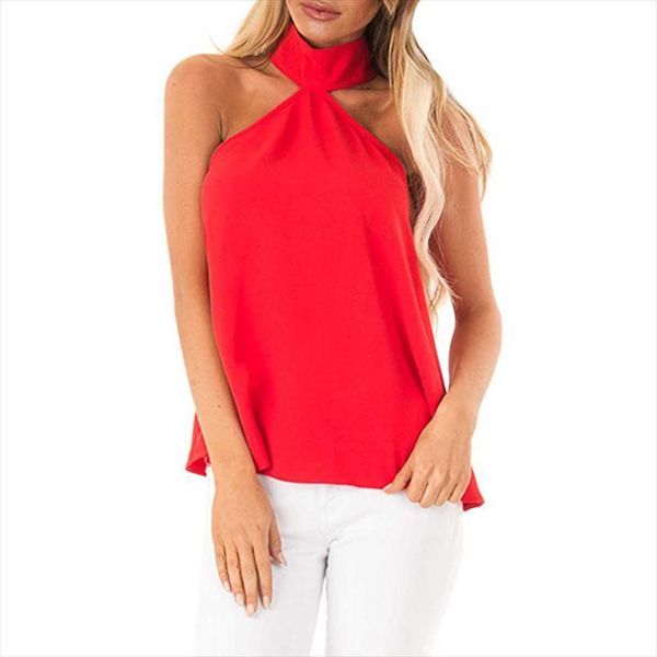 

red choker chiffon office womens blouses halter tank summer sleeveless shirt o neck camisas mujer elegant blusas, White
