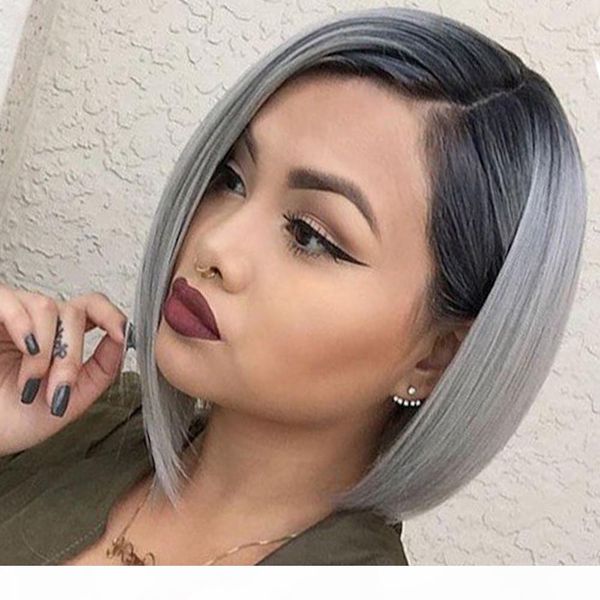 

1b grey short bob lace wig brazilian remy hair straight lace front human hair wigs ombre color lace wigs with baby hair, Black;brown