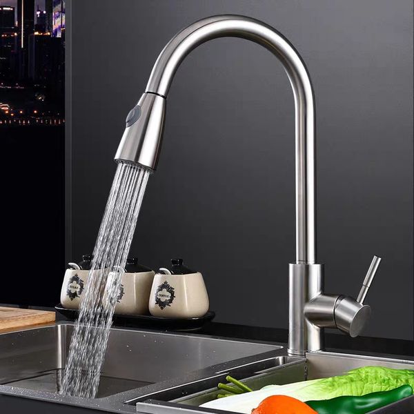 

brushed nickel finish kitchen sink faucet pull out sprayer deck mount mixer tap swivel spout water