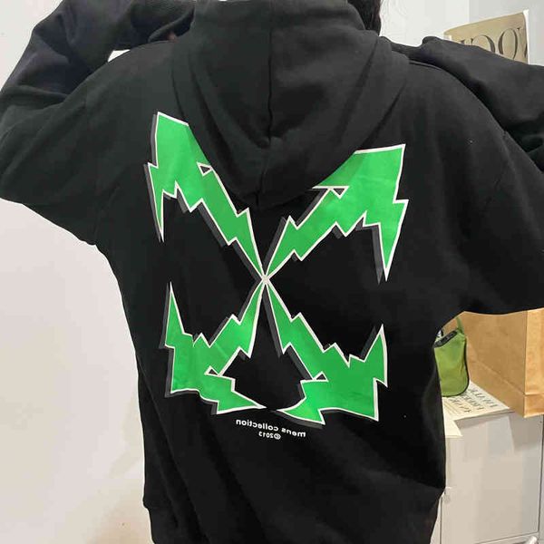 

trendy arrow ow off green print loose men's and women's hoodie jacket, Black