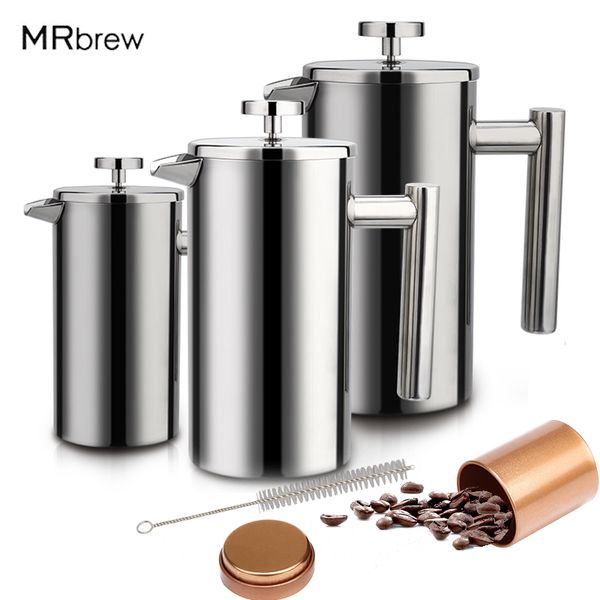 1000/800/350ml Double Layer Insulation Teapot Stainless Steel Coffee Tea Maker With Coffee Bean Storage French Press Mug Kettle 210309