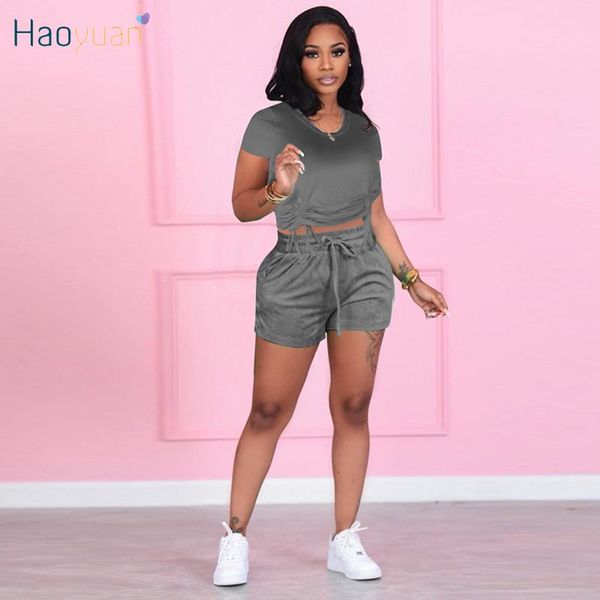 

women's tracksuits haoyuan two piece set bandage crop lace up shorts summer outfits for women short sleeve cute clothes party match, Gray