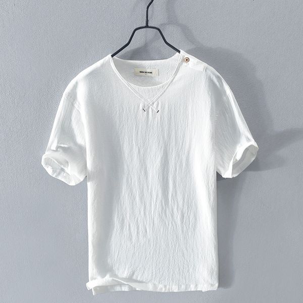 

2021 summer new style short-sleeved linen t shirt round neck fashion t-shirt for men casual comfortable tshirt mens chemise evyk, White;black