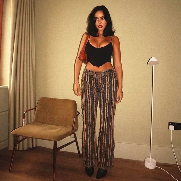 

frill patchwork vintage jeans women casual high waisted long trousers ladies streetwear denim pants capris autumn, Black;white