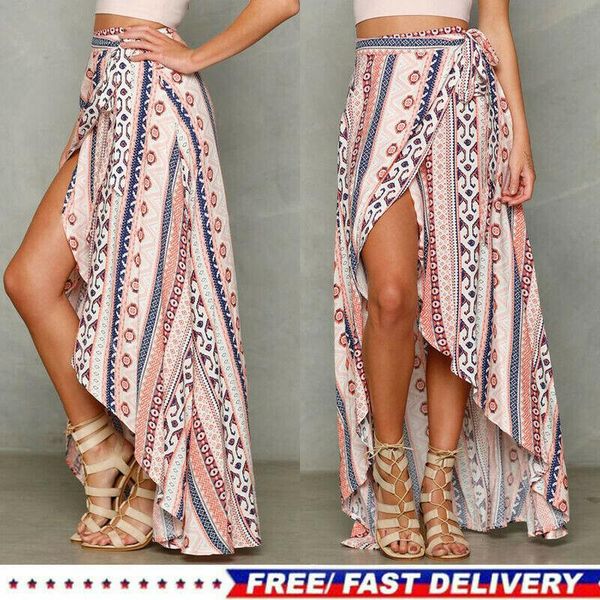 

women's swimwear summer women boho ethnic style print chiffon split long maxi beach skirts bikini covers up, White;black