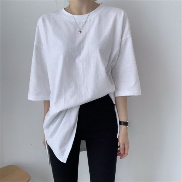 

loose oversize solid casual basic 2021 korea brief minimalist split fashion women new arrival shirt t-shirt 8stu, White
