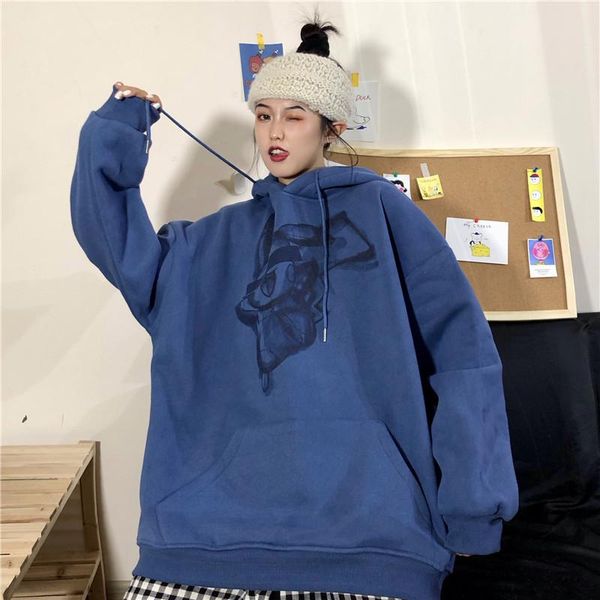 

women's hoodies & sweatshirts women 2021 winter pullover thick loose female student tracksuits harajuku cartoon retro bf style hip n, Black