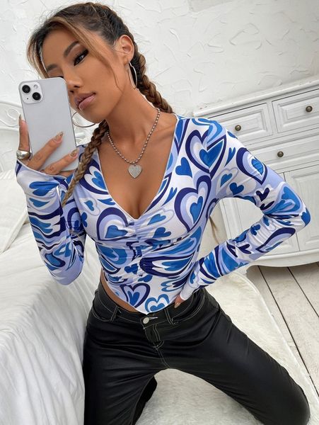 

heart print ruched crop asymmetrical hem tee f7bg#, White