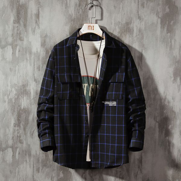 

2021 new spring casual plaid shirt slim fit cotton wool male long sleeve shirts men fashion plus size m-4xl dropshipping g264, White;black
