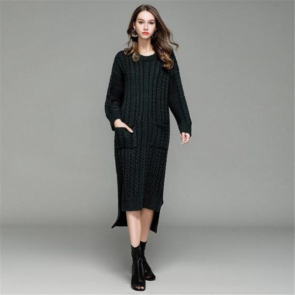 

casual dresses wkoud women irregularity knitted fashion candy colors dress with pocket loose split vestidos mid-calf sweater h1125, Black;gray