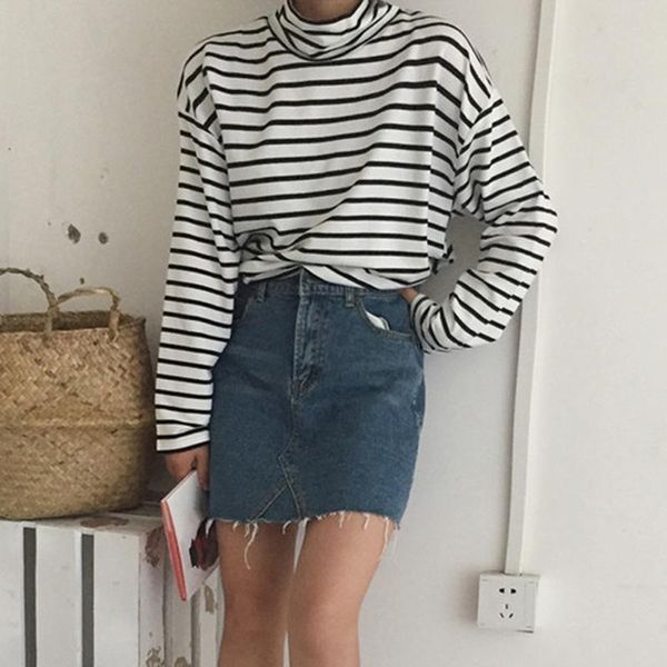 

women t-shirt turtleneck striped full sleeve stretch basic drop shoulder undershirt basic perfect pullover -xl, White