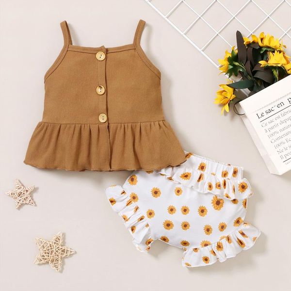 

clothing sets toddler baby girl summer clothes sling ribbed ruffle button +sunflower shorts kids girls set 1 2 3 4 5 years, White