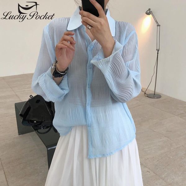 

women's blouses & shirts women summer fashion casual loose solid color blouse female light thin elegant shirt ladies blue brand high qu, White