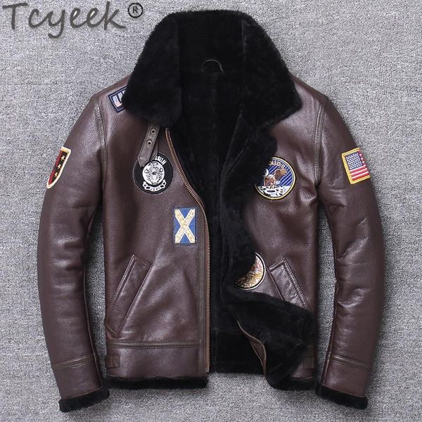 

men's leather & faux tcyeek men brown shearling genuine jacket fashion multi-labeling sheepskin wool liner winter coats pph983, Black