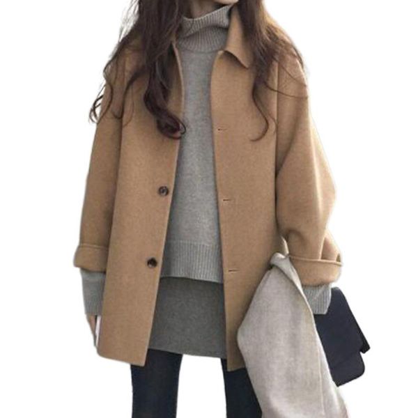 

women's wool & blends autumn women faux coat long sleeve single breasted fashion turndown collar female casual loose winter outerwear 2, Black