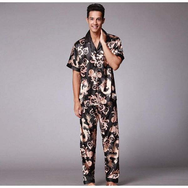 

men's stain silk pajama set t-shirt&long pants elastic waist men pajamas modern style soft leisure home clothing loungewear, Black;brown