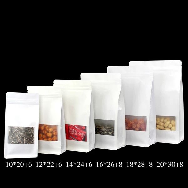 100 pçs / lote kraft stand up bolsas de embalagem de papel kraft reutilizável com janela calor selável lanches chá comida saco de armazenamento