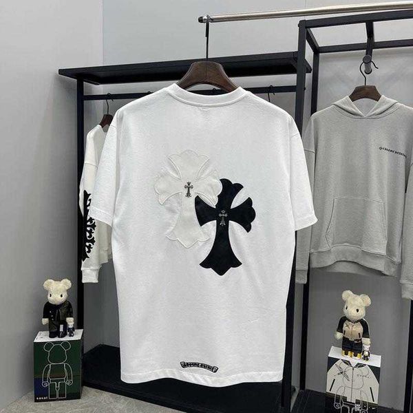 

fashion summer 21 ins brand chest cross with leather embroidery casual round neck short sleeve t shirt for men and women, White;black